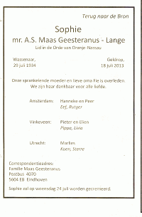 Overlijdensbericht A.S. (Sophie) Maas Geesteranus - Lange (2013)